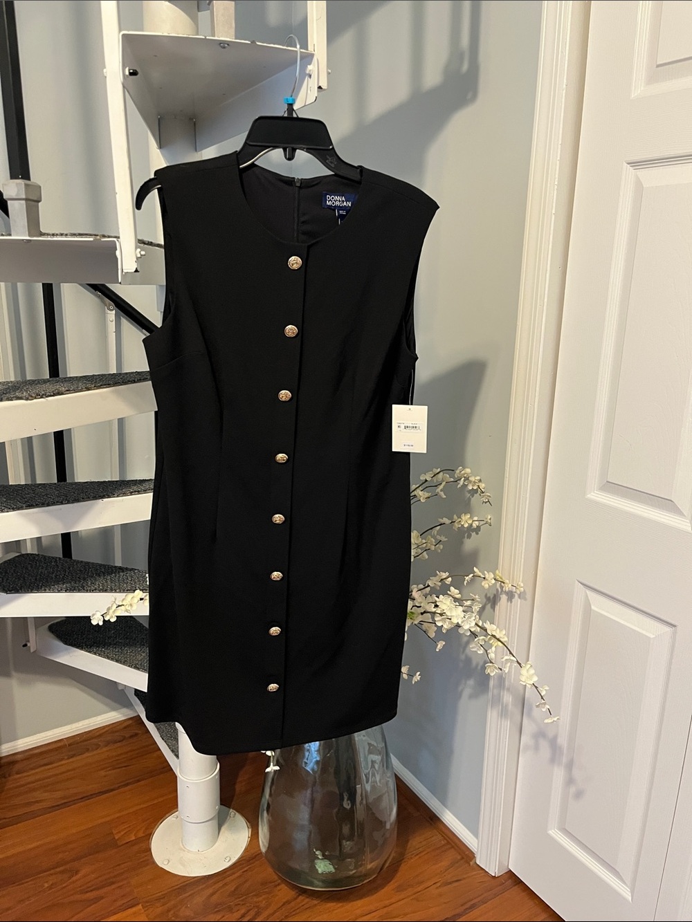 Donna Morgan Black Sleeveless Button-Front Shift Dress with Gold Buttons size 12